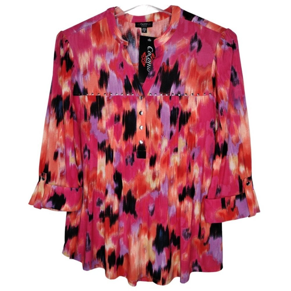 NWT Cocomo Plus Size 1X Pink Multicolor Geo Print Studded Pintuck 3/4 Sleeve Top
